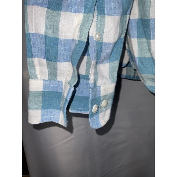 LL Bean Shirt Men Large 100% Linen Windowpane Plaid Button Down Blue - Picture 4 of 11